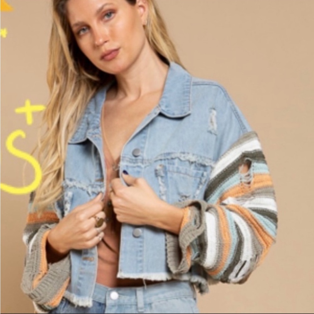 Plus Size POL Oversized Distressed Denim Jacket with Crochet Sleeves